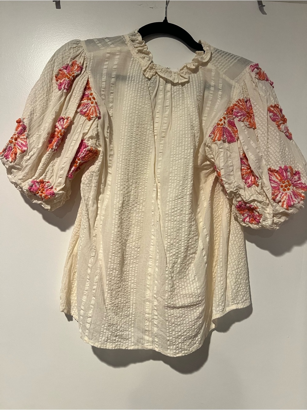 THML Cream Puff-Sleeve Blouse with Pink & Orange Floral Embroidery